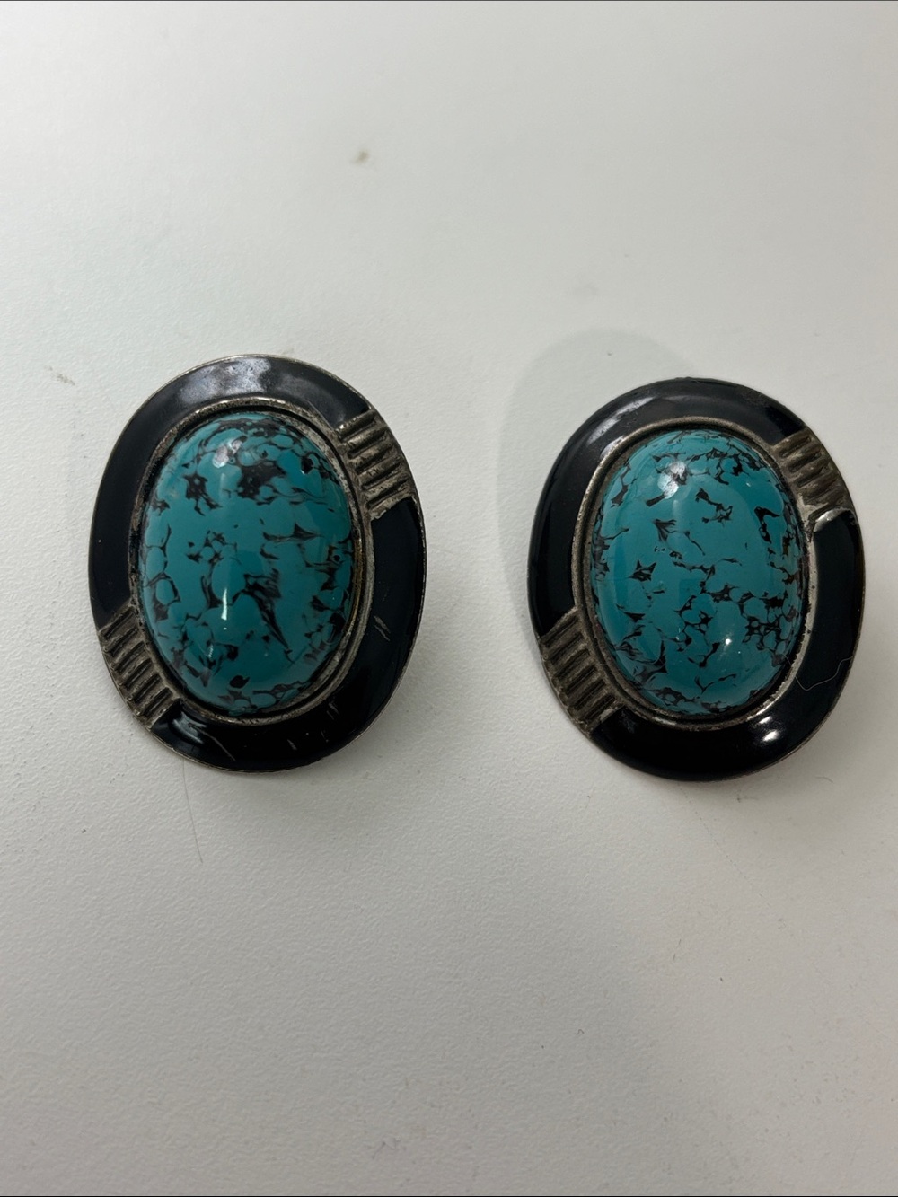 Turquoise Blue Black Oval Statement Earrings Vintage Southwestern Style